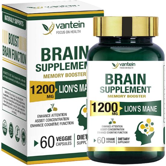 Brain Booster, 60 Capsules Lion's Mane Supplement for Boosting Energy and Memory, Brain Pills for Nootropic Power & Focus & Clarity Support, Vegan Friendly