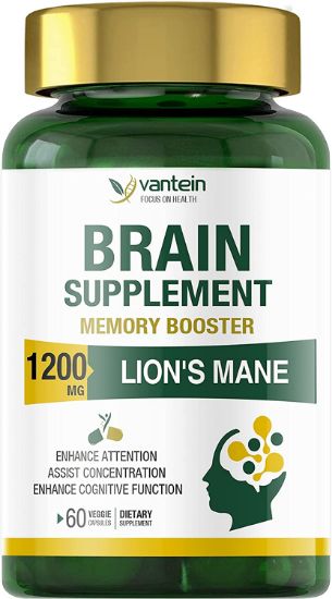 Brain Booster, 60 Caps Lion's Mane Supplement for Boosting Energy and Memory, Brain Pills for Nootropic Power & Focus & Clarity Support, Vegan Friendly