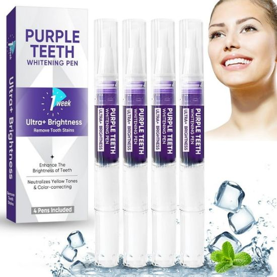 Picture of Teeth Whitening Pen, Teeth Whitening Kit for Sensitive Teeth, Purple Toothpaste Teeth Whitening Gel with Applicator, Teeth Stain Remover, Instant White Smile Overnight, Easy to Use, Painless, 4 Pens